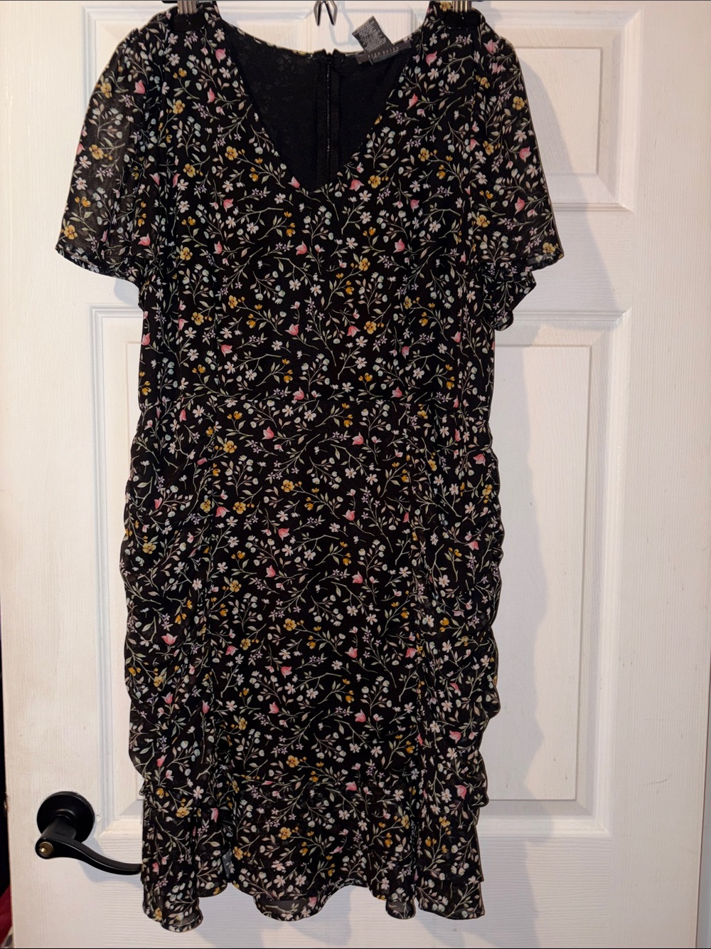 Black Floral V-Neck Midi Dress with Ruched Sides